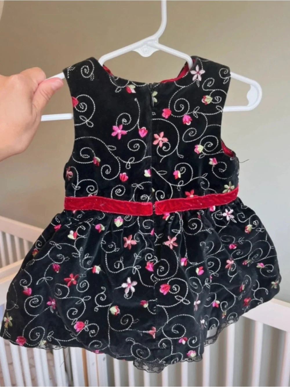 The Children’s Place 3-6M Black Velvet Floral Embroidered Dress with Red Bow